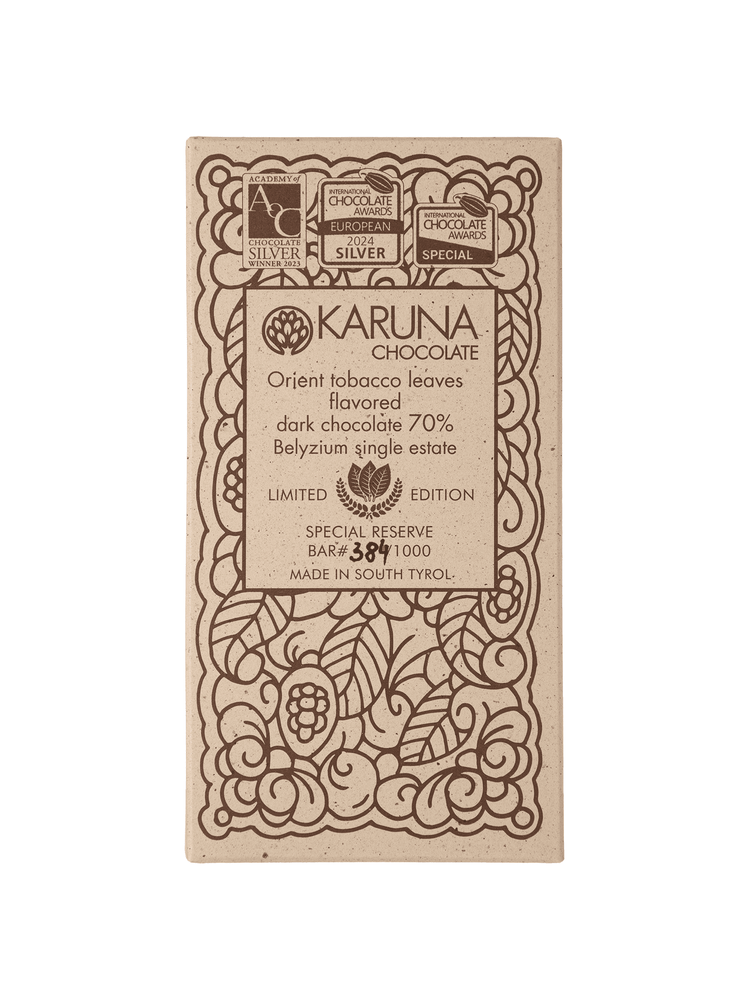Шоколад темний з какао бобів, настояних на листі східного тютюну 70%, Karuna chocolate