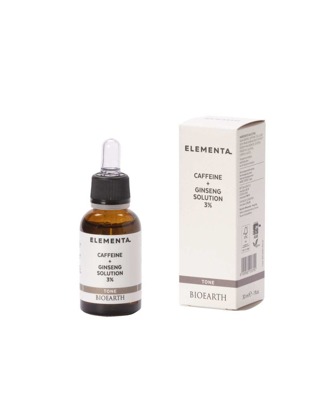 Elementa_CAFFEINE + GINSENG SOLUTION 3% (tone)  Сироватка тонізуюча Кофеїн+Женьшень Bioearth, 