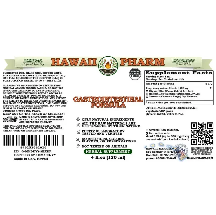 Gastrointestinal Formula Alcohol-FREE / Формула підтримки ШКТ без спирту Hawaii Pharm/1
