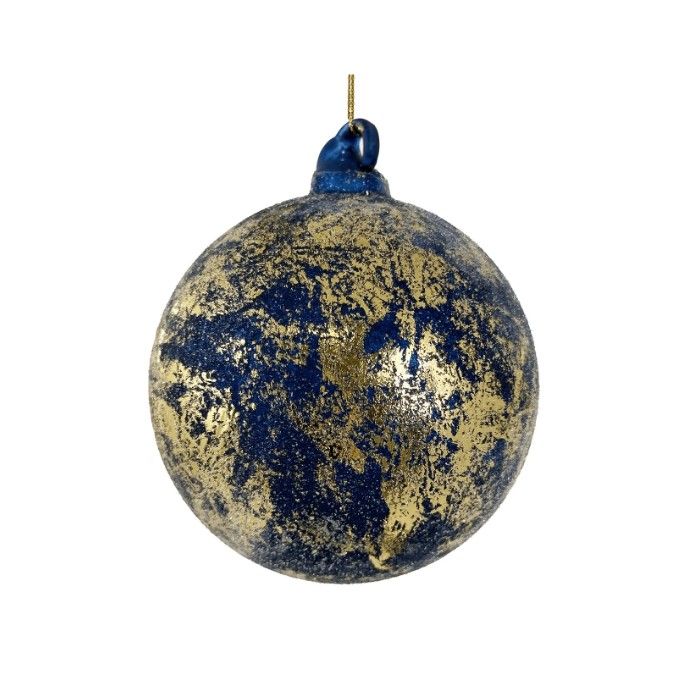 Новогоднее украшение Шар стеклянный синий с напылением золотого цвета 10см, Shishi