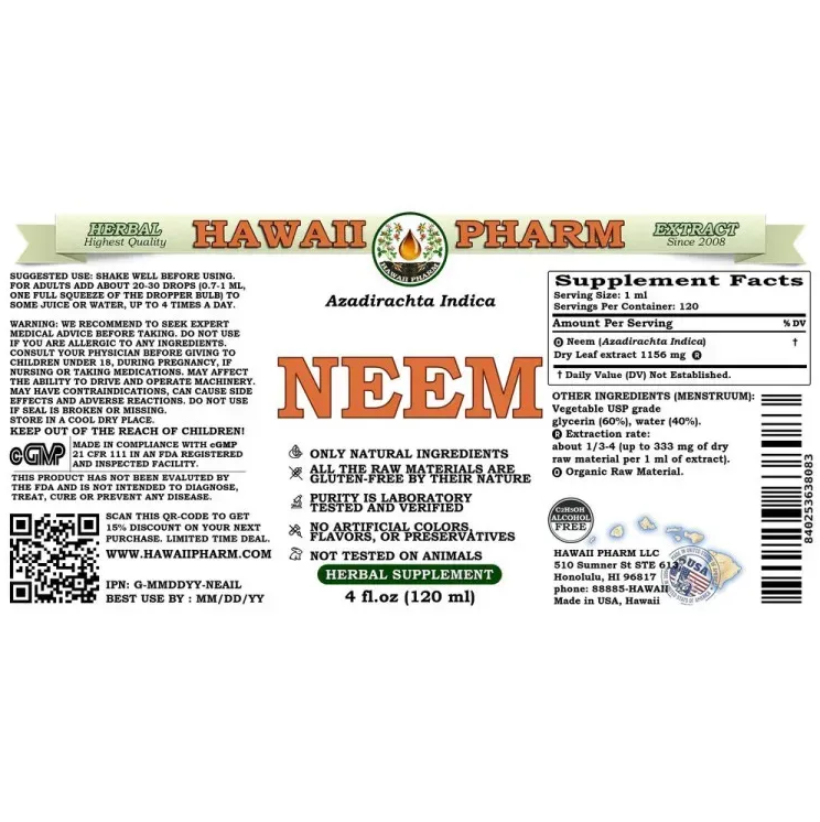 Neem (Azadirachta indica) Alcohol-FREE / Нім органік без спирту Hawaii Pharm/1
