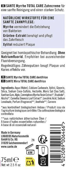 Паста зубная Myrrh Total Care/ Комплексная защита с Миррой, без фтора Sante/1