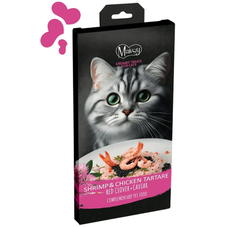 Ласощі кремові для котів Creamy superfood Shrimp and chicken tartare with red clover and caviar у вигляді тартару з креветок і курки з червоною конюшиною та ікрою Mavsy