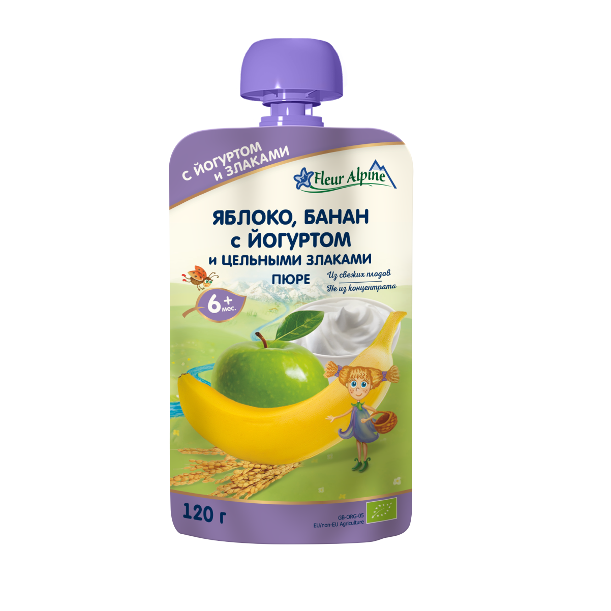  Пюре дитяче Яблуко, Банан з Йогуртом від 6 місяців Fleur Alpine /