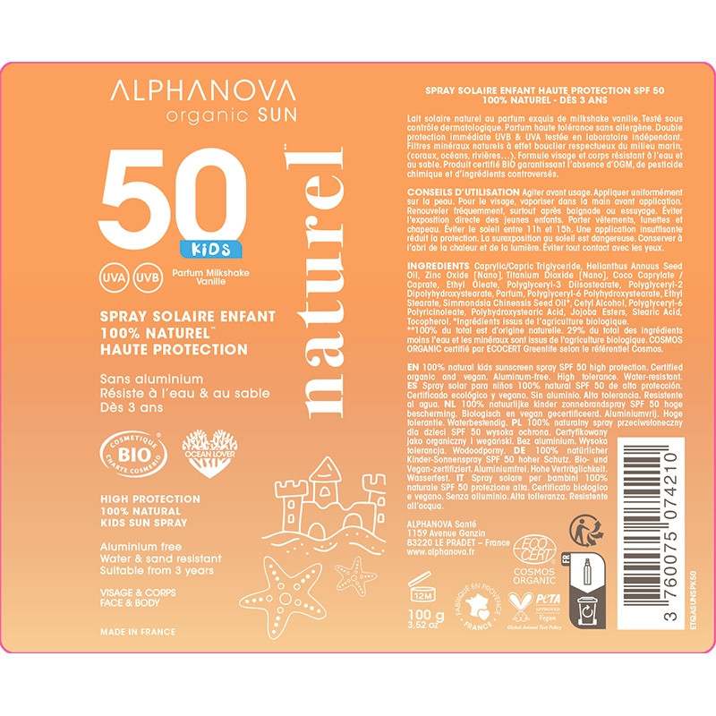 Органический солнцезащитный спрей SPF 50 для детей от 3 лет, ALPHANOVA Organic Sun/1