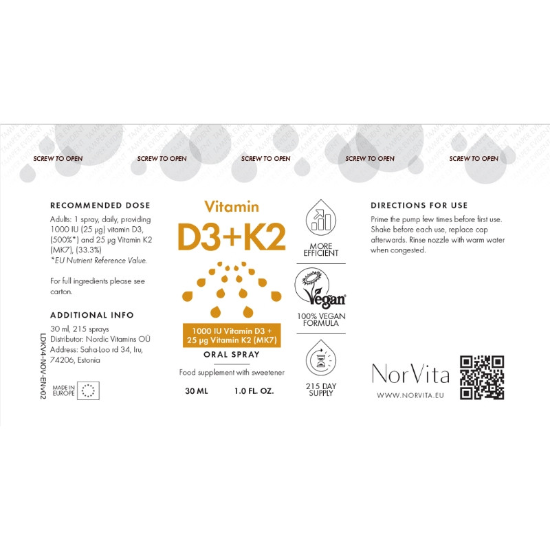 Спрей Витамин D3+K2 1000 МЕ из K2 MK7, NorVita/1