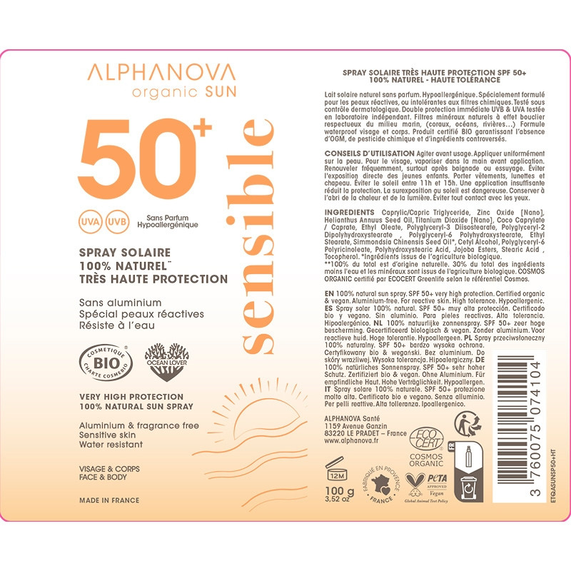 Органічний сонцезахисний спрей SPF 50+ для чутливої шкіри обличчя та тіла ALPHANOVA Organic Sun/1