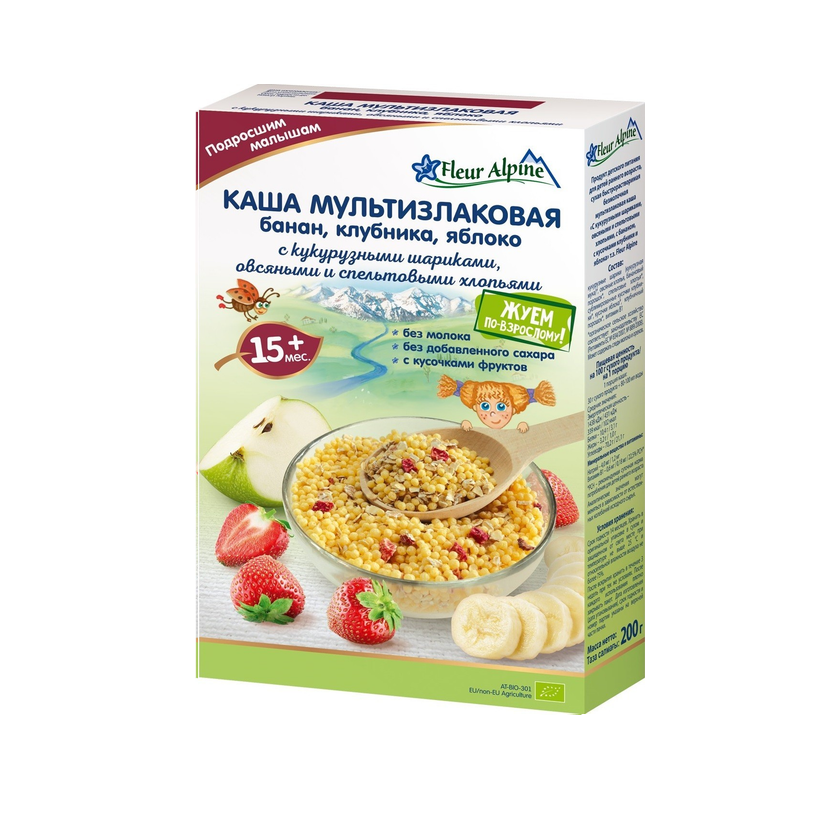 Безмолочна Мультизлакова органічна каша з бананом, зі шматочками полуниці та яблука з 15 місяців Fleur Alpine, 