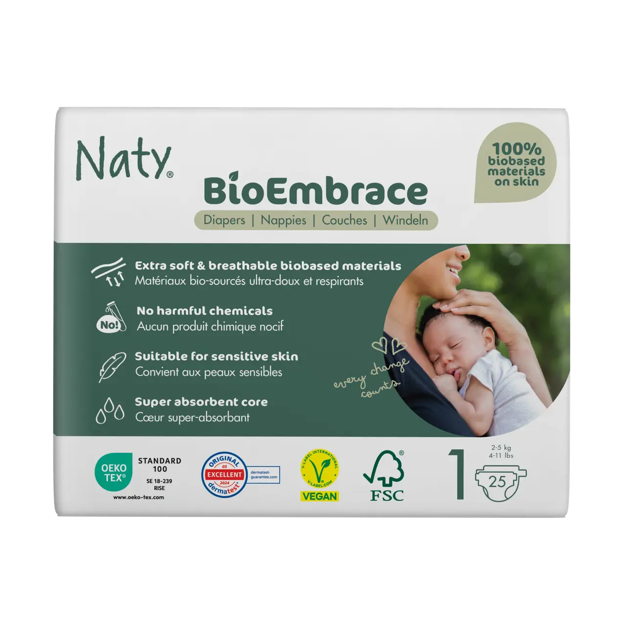 Одноразовые детские подгузники BioEmbrace Размер 1 (2-5 кг.) Eco by Naty
