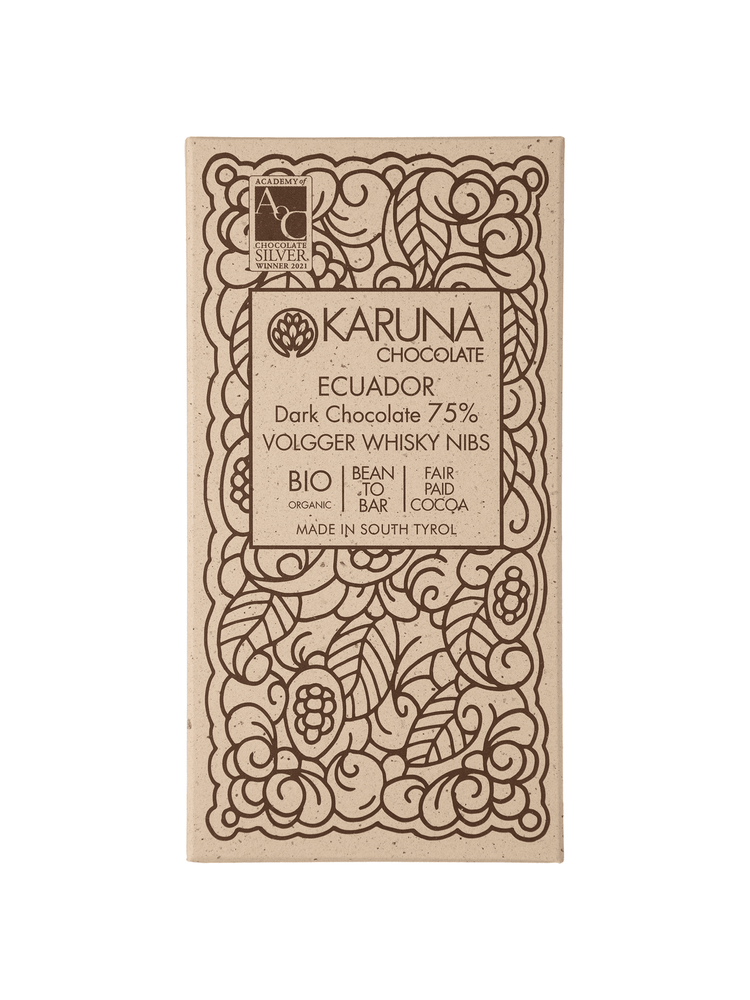 Шоколад темний Еквадор какао-крупкою, настояною на віскі Volgger 75%, Karuna chocolate