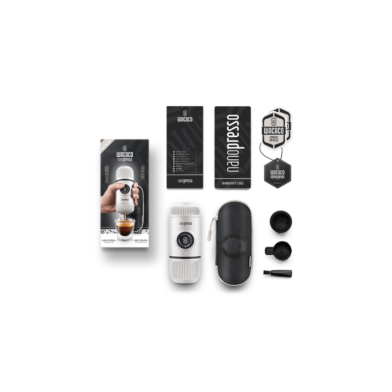 Портативна еспресо кавоварка Nanopresso з білим чохлом, Wacaco/1