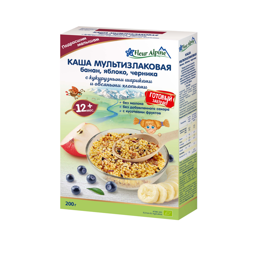 Детская безмолочная каша Мультизлаковая Банан-Яблоко-Черника с 12 месяцев Fleur Alpine, 