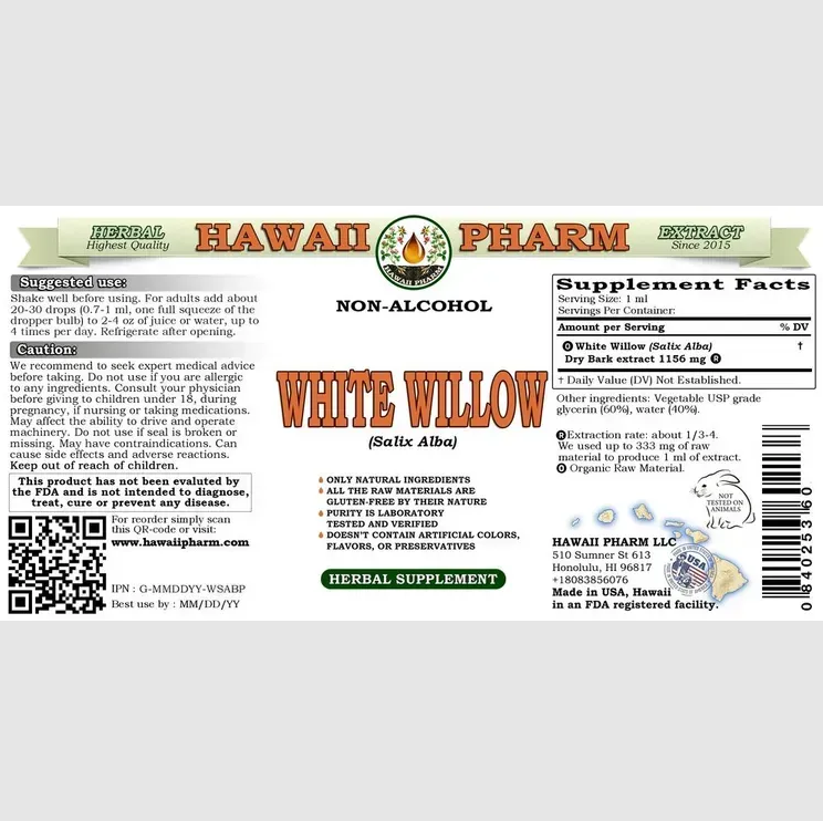 White Willow Alcohol-FREE / Белая Ива органик без спирта Hawaii Pharm /1