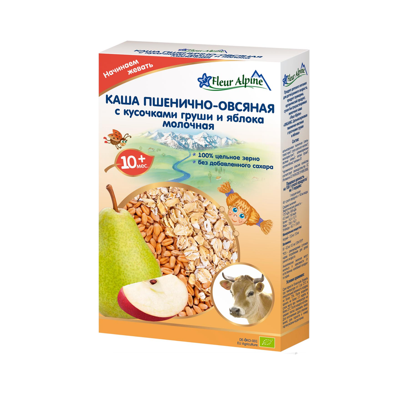 Молочна каша пшенично-вівсяна зі шматочками груші та яблука з 10 місяців Fleur Alpine, 