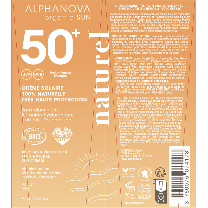 Органический солнцезащитный крем для лица SPF 50+ с гиалуроновой кислотой, матовый финиш, ALPHANOVA Organic Sun/1