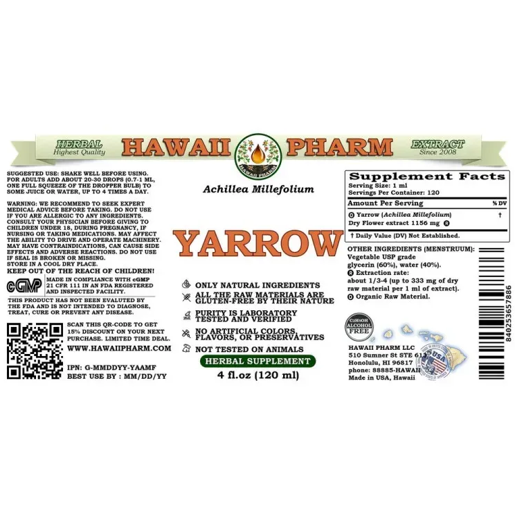 Yarrow Alcohol-FREE / Тысячелистник органик без спирта Hawaii Pharm/1