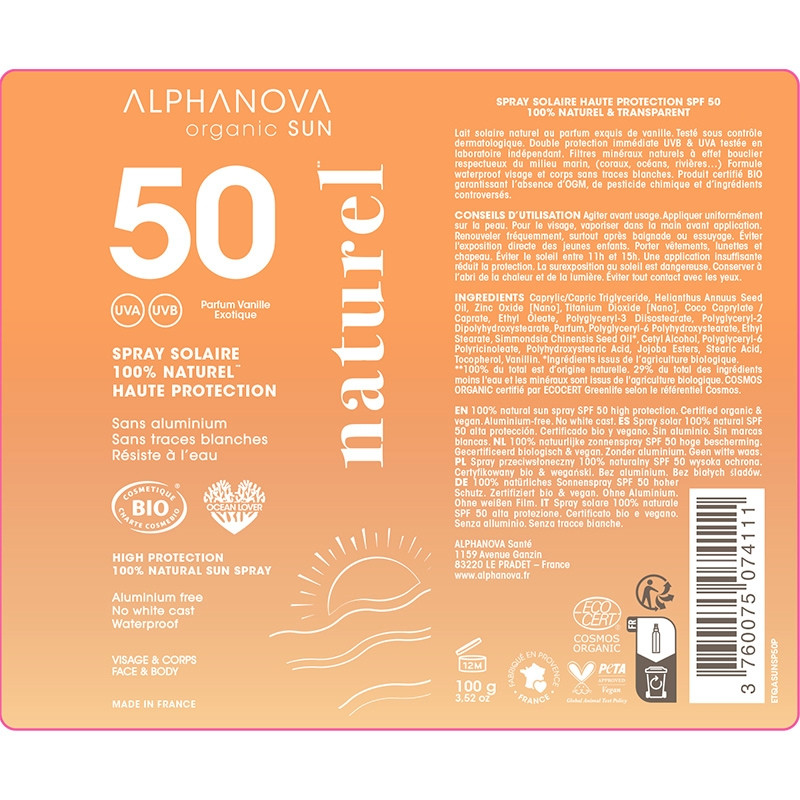  Органічний сонцезахисний спрей SPF 50 для тіла та обличчя, 100% натуральний, ALPHANOVA Organic Sun/1