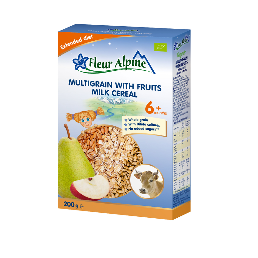 Молочная каша Organic Multigrain Cereal With Fruits Мультизлакова з фруктами з 6 місяців Fleur Alpine, 