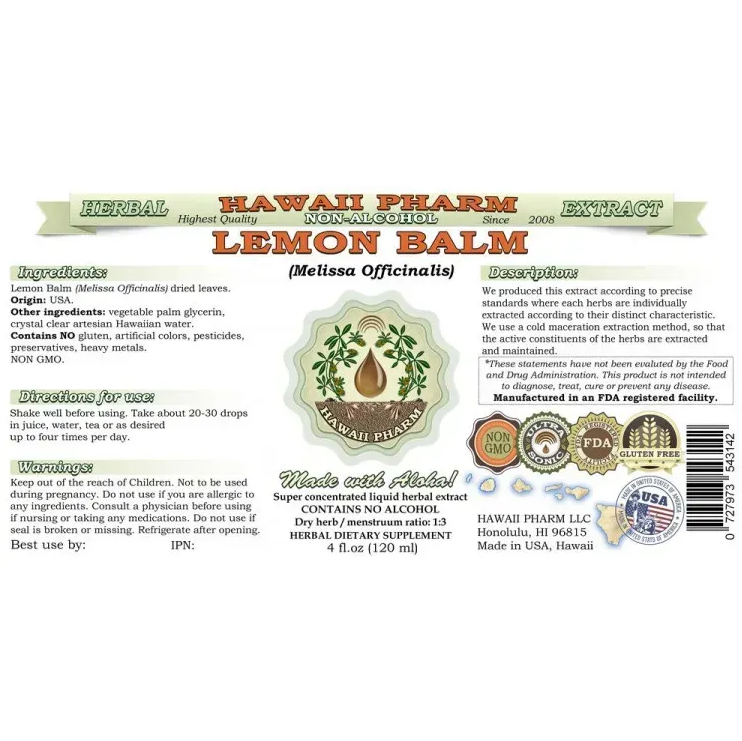Lemon Balm Alcohol-FREE / Лимонная мелисса без спирта Hawaii Pharm/1