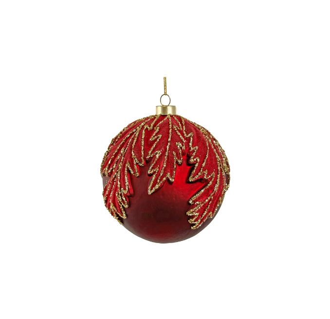 Новогоднее украшение Шар стеклянный матовый красный с бисером и листьями 10см, Shishi
