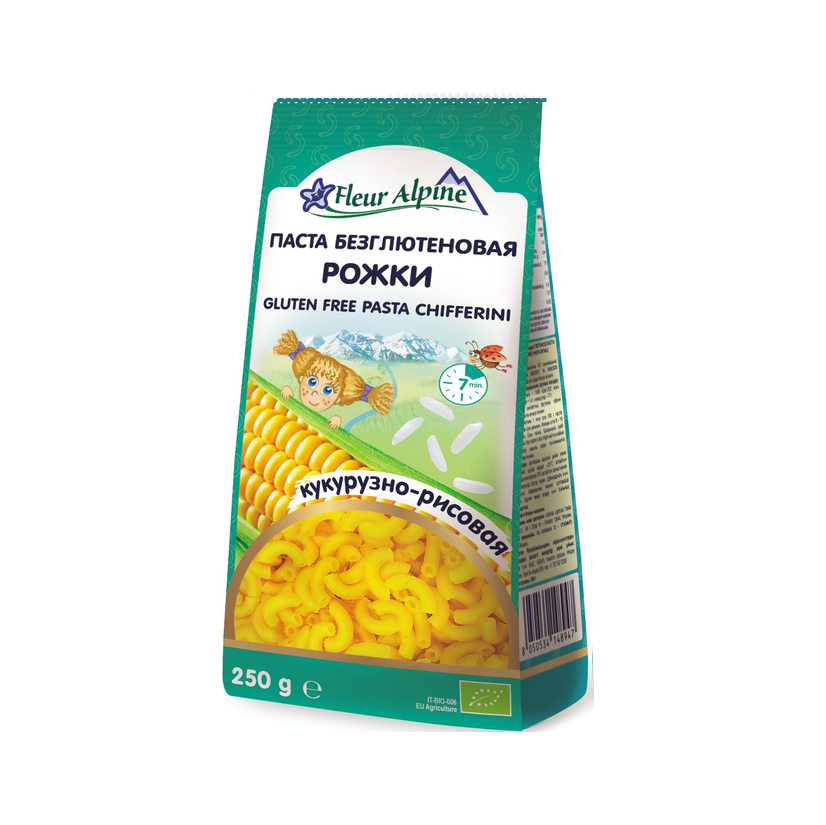 Безглютенові органічні Кукурудзяно-Рисові макарони Ріжки Fleur Alpine, 