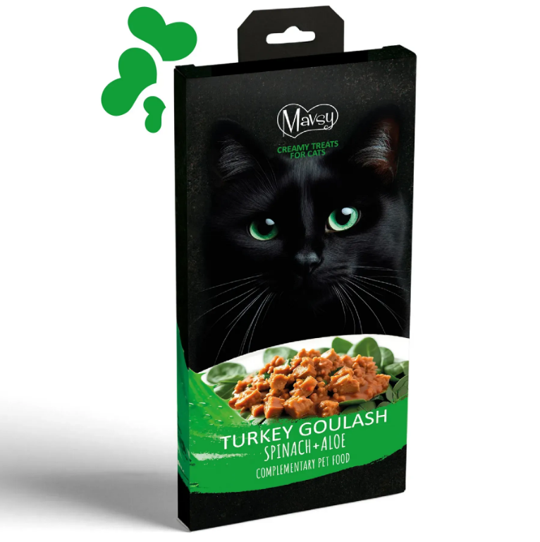 Ласощі кремові для котів Creamy superfood TURKEY GOULASH ON A BED OF SPINACH WITH ALOE у вигляді гуляша з індички на подушці зі шпинату з алое Mavsy