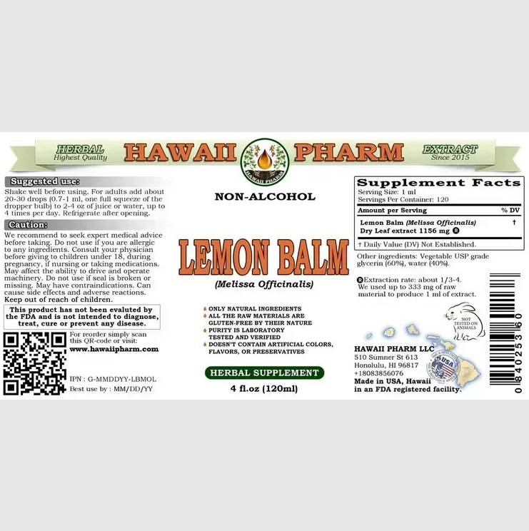 Lemon Balm Alcohol-FREE / Лимонная мелисса без спирта Hawaii Pharm /1