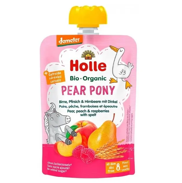 Пюре "Pear Pony" с грушей, персиком, малиной и органической спельтой (с 8 месяцев), Holle
