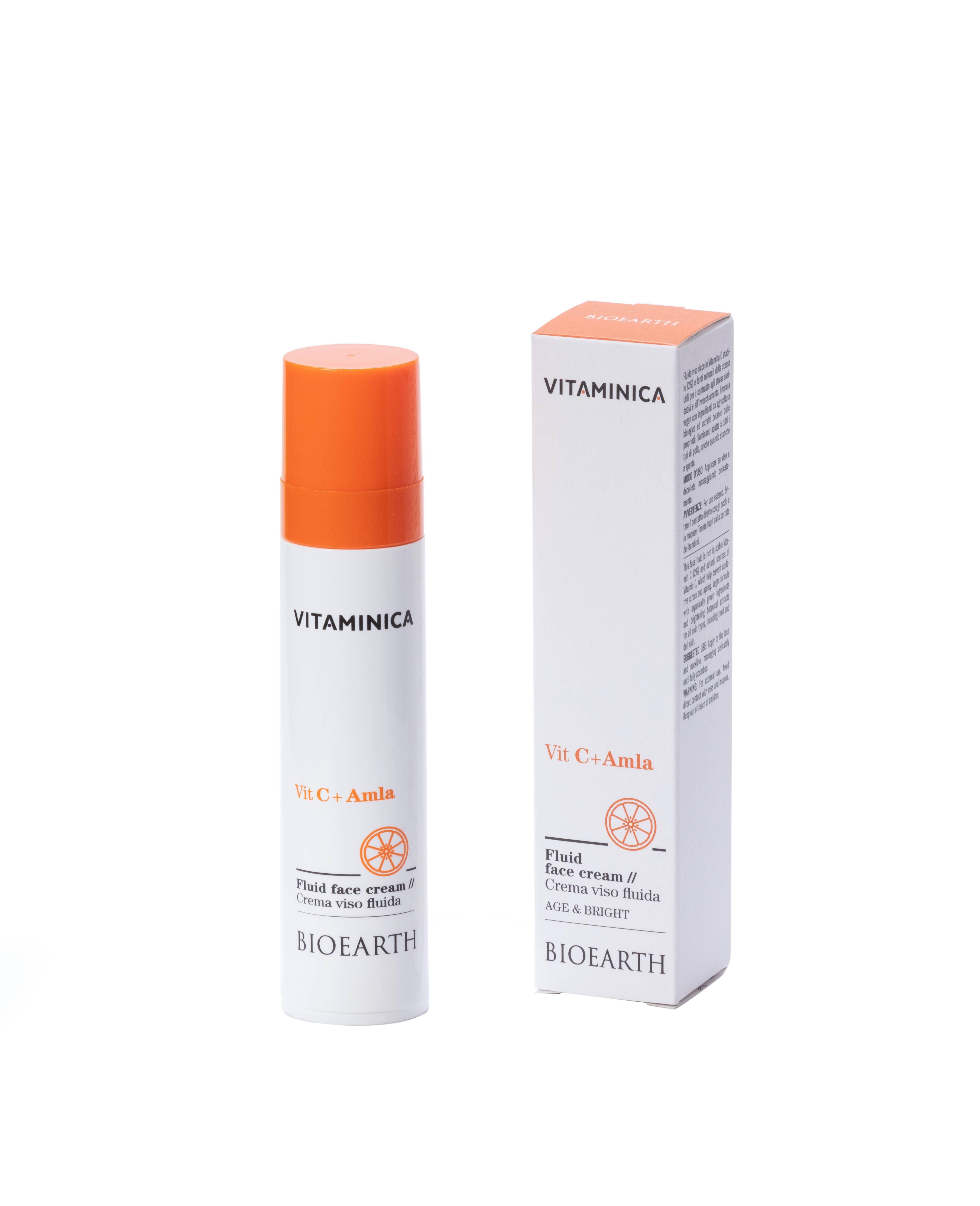 Vitaminica VIT C + AMLA 24 h face fluid cream Крем-флюид антиоксидантный для всех типов кожи лица от усталости и сияния Bioearth, 