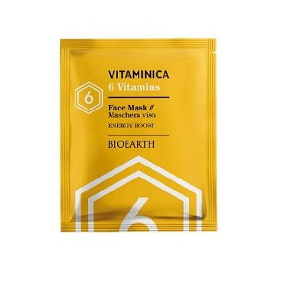 VITAMINICA SINGLE SHEET FACE MASK 6 VITAMINS Маска целлюлозна восстанавливающая, увлажняющая и придающая энергии коже лица Bioearth,  магазин Glossary 