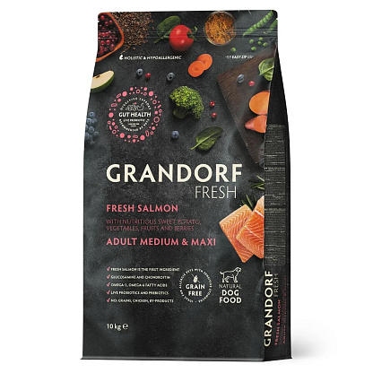 Сухой беззерновой корм для взрослых собак средних и крупных пород FRESH SALMON & SWEET POTATO ADULT DOG MEDIUM & MAXI з лососем и бататом Grandorf магазин Glossary 
