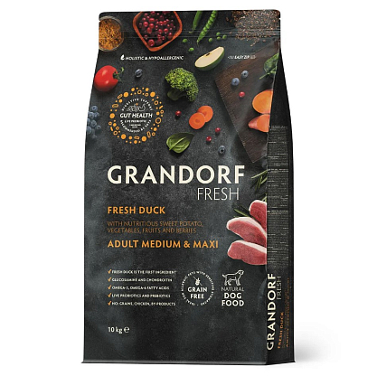 Сухой беззерновой корм для взрослых собак средних и крупных пород FRESH DUCK & SWEET POTATO ADULT DOG MEDIUM & MAXI с уткой и бататом Grandorf магазин Glossary 