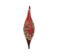 Новогоднее украшение Капля стеклянная красная с падубом 12см, Shishi магазин Glossary 