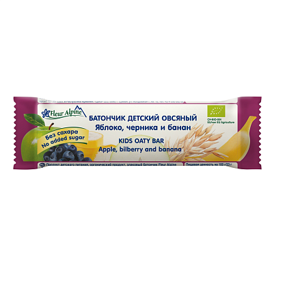 Детский батончик органический овсяный Яблоко, Черника и Банан (с 3 лет) Fleur Alpine,  магазин Glossary 