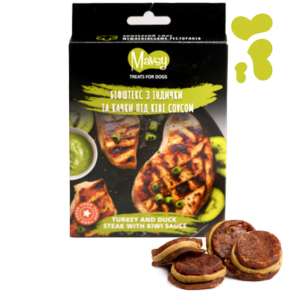 Лакомство для собак от 3-х месяцев Refined jerky TURKEY AND DUCK STEAK WITH KIWI SAUCE бифштекс из индейки и утки под киви соусом Mavsy магазин Glossary 