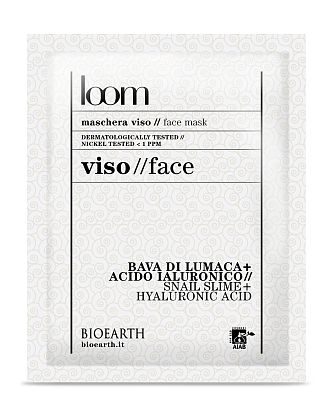 Loom Sheet Face Mask Snail Slime + Hyaluronic Acids Маска целлюлозная для глубокого увлажнения и омоложения кожи лица с органической слизью улитки и гиалуроновой кислотой Bioearth,  магазин Glossary 