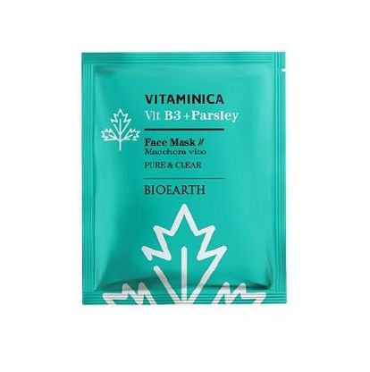 VITAMINICA SINGLE SHEET FACE MASK VITB3 + PARSLEY Маска целлюлозна очищающая и успокаивающая для чувствительной и комбинированной кожи лица Bioearth,  магазин Glossary 