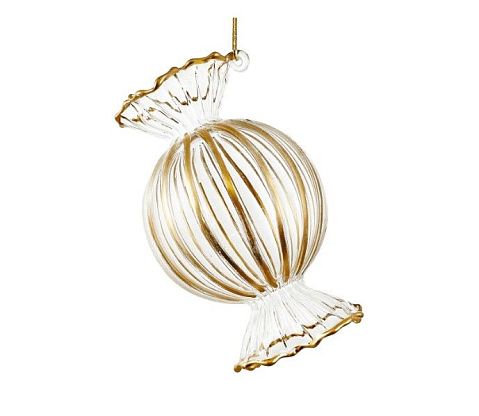 Новогоднее украшение Конфета стеклянная прозрачная в полоску золотого цвета 11см, Shishi магазин Glossary 