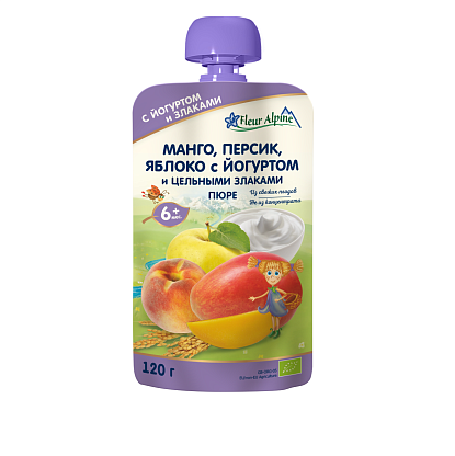 Пюре детское Манго, Персик, Яблоко с Йогуртом от 6 месяцев Fleur Alpine /  магазин Glossary 