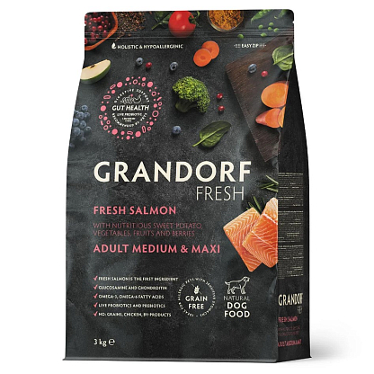 Сухой беззерновой корм для взрослых собак средних и крупных пород Grandorf FRESH SALMON & SWEET POTATO ADULT DOG MEDIUM & MAXI з лососем и бататом магазин Glossary 
