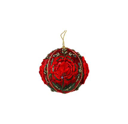 Новогоднее украшение Шарик бархатный красный с вышивкой 10см, Shishi магазин Glossary 