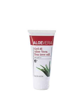 ALOE VERA GEL WITH ORGANIC TEA TREE Гель чистый органический из Алое Вера многофункциональный увлажняющий, успокаивающий, регенерирующий для всех типов кожи Bioearth,  магазин Glossary 