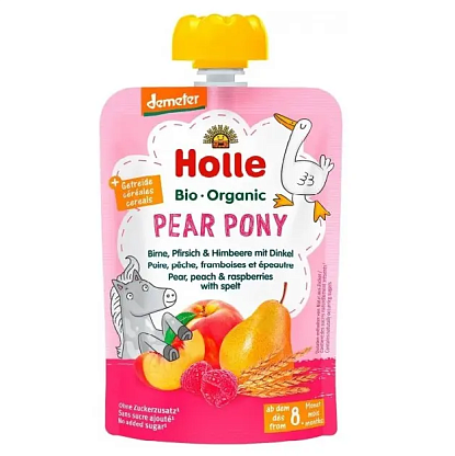 Пюре "Pear Pony" с грушей, персиком, малиной и органической спельтой (с 8 месяцев), Holle магазин Glossary 