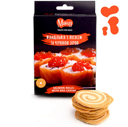 Лакомство для собак от 3-х месяцев Refined jerky SALMON ROLLS WITH RED CAVIAR филадельфия с лососем и красной икрой Mavsy магазин Glossary 