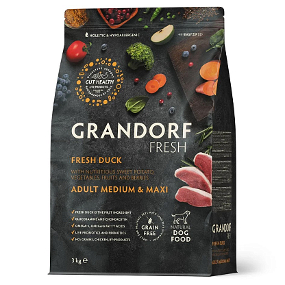 Сухой беззерновой корм для взрослых собак средних и крупных пород Grandorf FRESH DUCK & SWEET POTATO ADULT DOG MEDIUM & MAXI с уткой и бататом магазин Glossary 