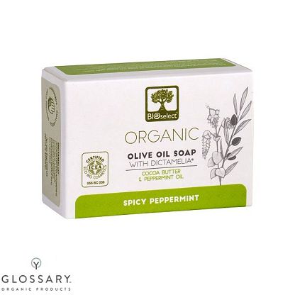 Натуральное оливковое мыло для лица и тела с маслом какао и мятой Bioselect,  магазин Glossary 